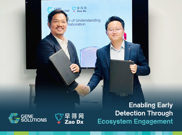 阮怀义博士 – Gene Solutions 的联合创始人兼首席执行官（左），以及陈赞泉博士 – ZaoDx 的首席执行官（右）交换已签署的合作备忘录。