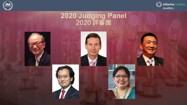 2020年度JNA大奖评审团 (由左至右)︰新加坡贵金属市场协会首席执行官及上海黄金交易所国际顾问郑良豪先生、亚太策略研究所（APIFS）研究总监李卓骏博士、国际铂金协会（PGI）前任首席执行官暨责任珠宝业委员会（RJC）前任主席高伟政先生、美国宝石学协会（GIA）印度分会高级顾问Nirupa Bhatt女士 及上海钻石交易所（SDE）总裁林强先生