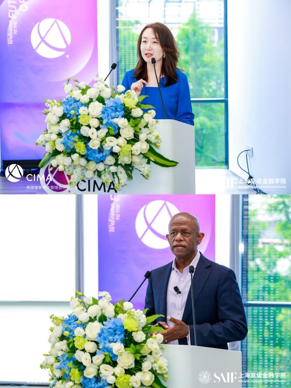 AICPA & CIMA国际注册专业会计师公会北亚区总裁李颖女士（FCMA, CGMA）致开幕词；AICPA & CIMA国际注册专业会计师公会副总裁兼学习、教育与发展董事总经理Ash Noah（FCMA, CGMA）发表主旨演讲
