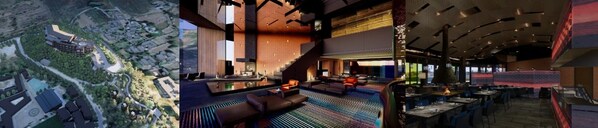 从左到右（效果图）：泸沽湖隐奢逸境酒店(设计酒店Design Hotels成员)外观、大堂及餐厅