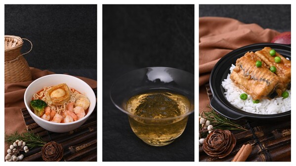 从左至右依次为沙茶鲍虾泡面、铁观音冷萃茶石花冻、永春老醋河鳗炊饭