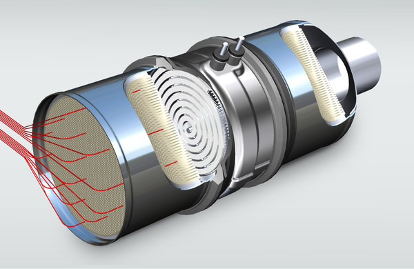 The electrically heated catalytic converter from BENTELER (shown in the picture) consists of a stacked metal structure. It is welded into the exhaust system between the turbocharger and the conventional catalytic converter.