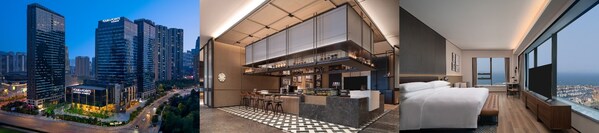 从左到右：大连东港福朋喜来登酒店外观、玩啤食社（The MESH）、客房