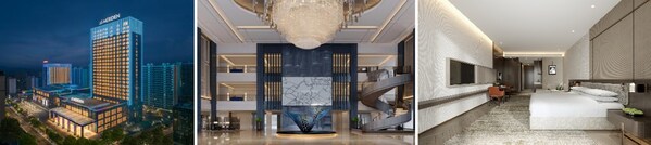 从左到右（效果图）：酒店外景、大堂、大床房