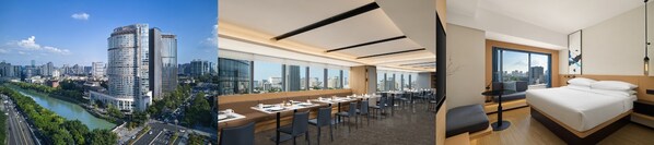 从左至右：成都天府广场万豪万枫酒店外观、万枫餐厅、客房