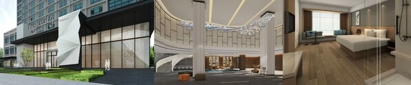 从左到右（效果图）：顺德万豪万枫酒店外观、大堂及客房