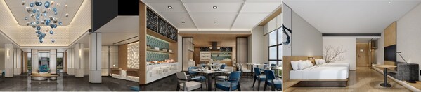 从左至右（效果图）：忻州忻府万豪万枫酒店大堂、餐厅、客房