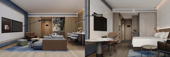 从左到右（效果图）：贵阳花溪十里河滩旅游度假区福朋喜来登酒店套房、客房