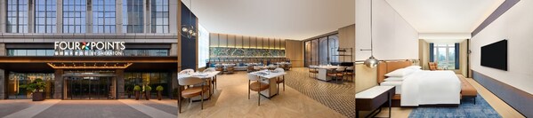 从左至右：南宁五象福朋喜来登酒店外观、玩啤食社(The MESH)、客房