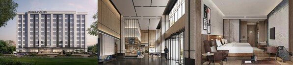 从左至右（效果图）：吉安福朋喜来登酒店正面、玩啤食社（The Mesh）、客房