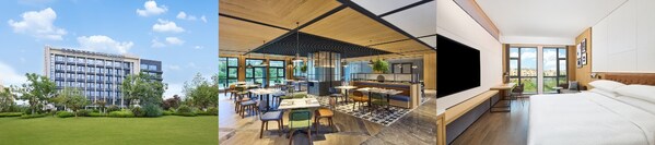 从左到右：昆明长水机场福朋喜来登酒店外观、玩啤食社（The Mesh）、客房