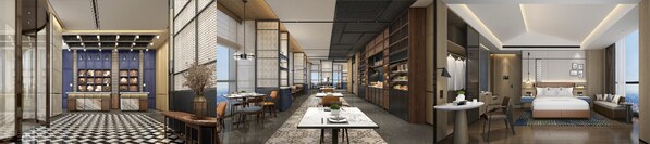 从左到右：昆明长晟福朋喜来登酒店大堂、玩啤食社（The Mesh）、客房
