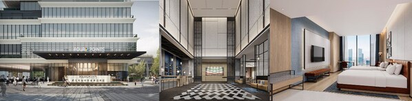 从左到右（效果图）：武汉光谷福朋喜来登酒店外观、大堂、客房