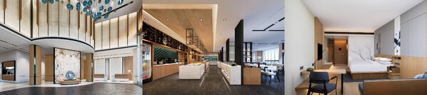 从左到右（效果图）：广州花都万豪万枫酒店大堂、万枫餐厅、客房