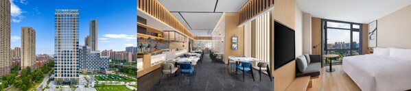 从左到右：武汉汉口万豪万枫酒店外观、万枫餐厅、客房