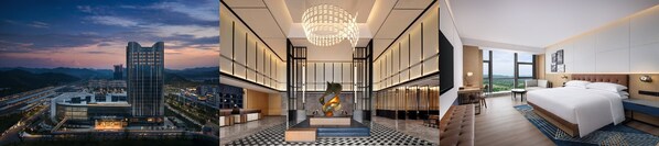 从左到右：婺源福朋喜来登酒店外观、大堂、客房