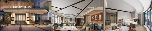 从左至右（效果图）：重庆福朋喜来登酒店外观、玩啤食社（The Mesh）、客房