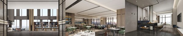从左到右（效果图）:深圳湾福朋喜来登酒店大堂、玩啤食社（The Mesh）、客房