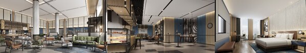 从左到右（效果图）：昆山福朋喜来登酒店大堂、玩啤食社（The Mesh）、客房