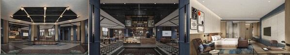 从左到右：天津解放桥福朋喜来登酒店大堂、玩啤食社（The Mesh）、客房
