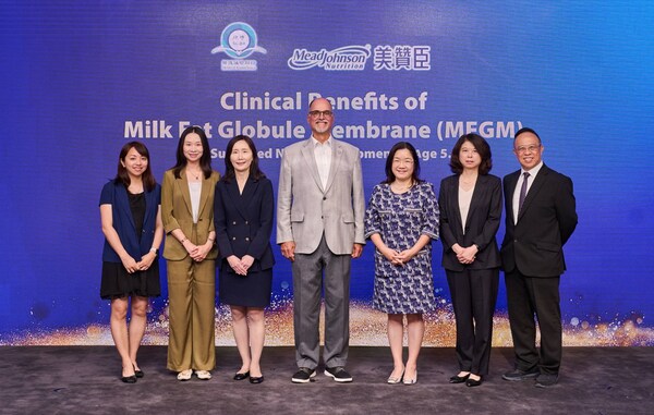美臣儿童营养学研讨会专注于婴幼儿营养及母乳黄金膜 (MFGM)对大脑长期认知发育功效的最新研究成果分享。[由左至右] 美赞臣港台市场营销及用户招募总监暨港台联合负责人高家敏、美赞臣中国行政总裁肖婧婧、医护诚信同行主席王予婷医生、美国俄亥俄州立大学JT Parker乳制食品讲座教授Rafael Jimenez-Flores教授、 儿童体智及行为发展学科专科医生杜藴瑜医生、美赞臣中国研发与质量食品安全负责人熊辉，以及美赞臣港台销售总监暨港台联合负责人李荣辉。