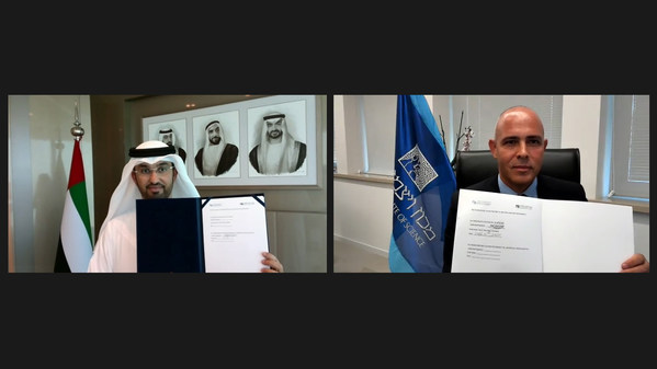 His Excellency Dr. Sultan Ahmed Al Jaber, UAE Minister of Industry and Advanced Technology and Chairman of the MBZUAI Board of Trustees, and Weizmann Institute President Professor Alon Chen, signed the Memorandum of Understanding (MoU).