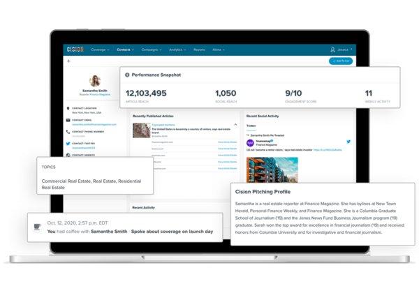 Cision Connect提供强大的媒体信息，包括更多联系方式、绩效指标、社交媒体账号信息、与媒体沟通技巧和内容串流（content stream）。