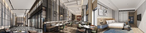 从左至右（效果图）：福州晋安福朋喜来登酒店大堂、玩啤食社（The MESH）、览山观景套房